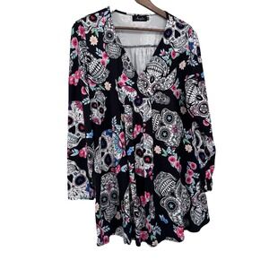 Amzplus 3X long-sleeved v neck Skull Day Of Dead Halloween Goth Emo witchy